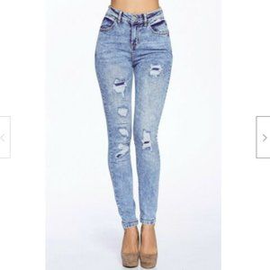 Blue Age High Rise Butt Lifting Stretch Skinny Jeans in Distressed Acid Wash
